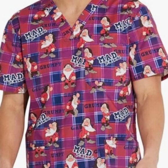 Disney Grumpy Seven Dwarfs Scrub Top Size M Red Plaid Print Health Care Unisex - Picture 2 of 16